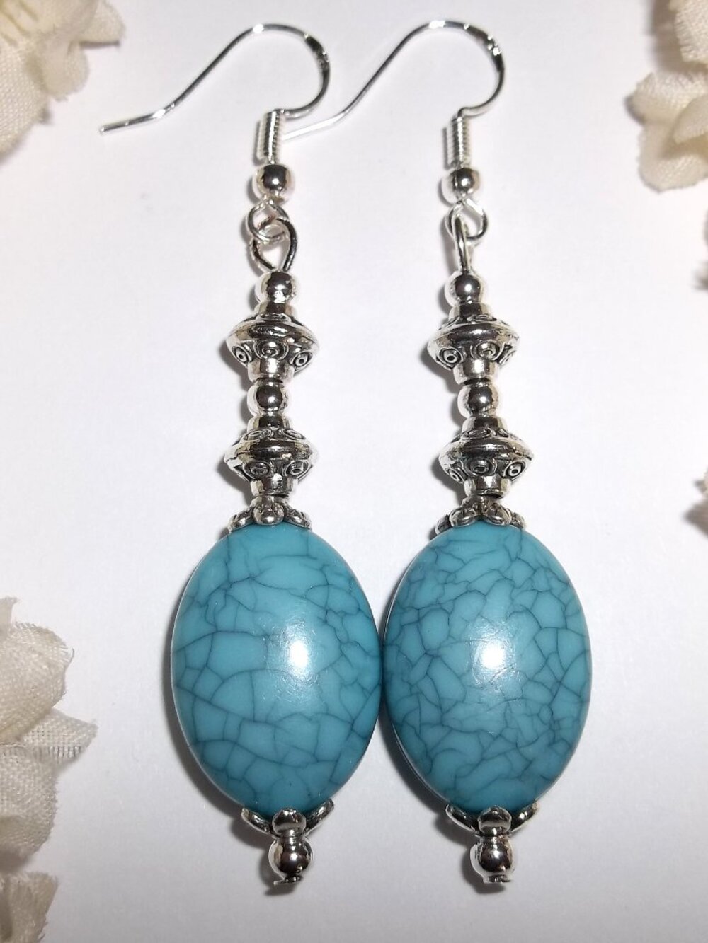 Turquoise Blue Earrings Silver Beaded Dangle Drop Fashion Jewelry Handmade D900